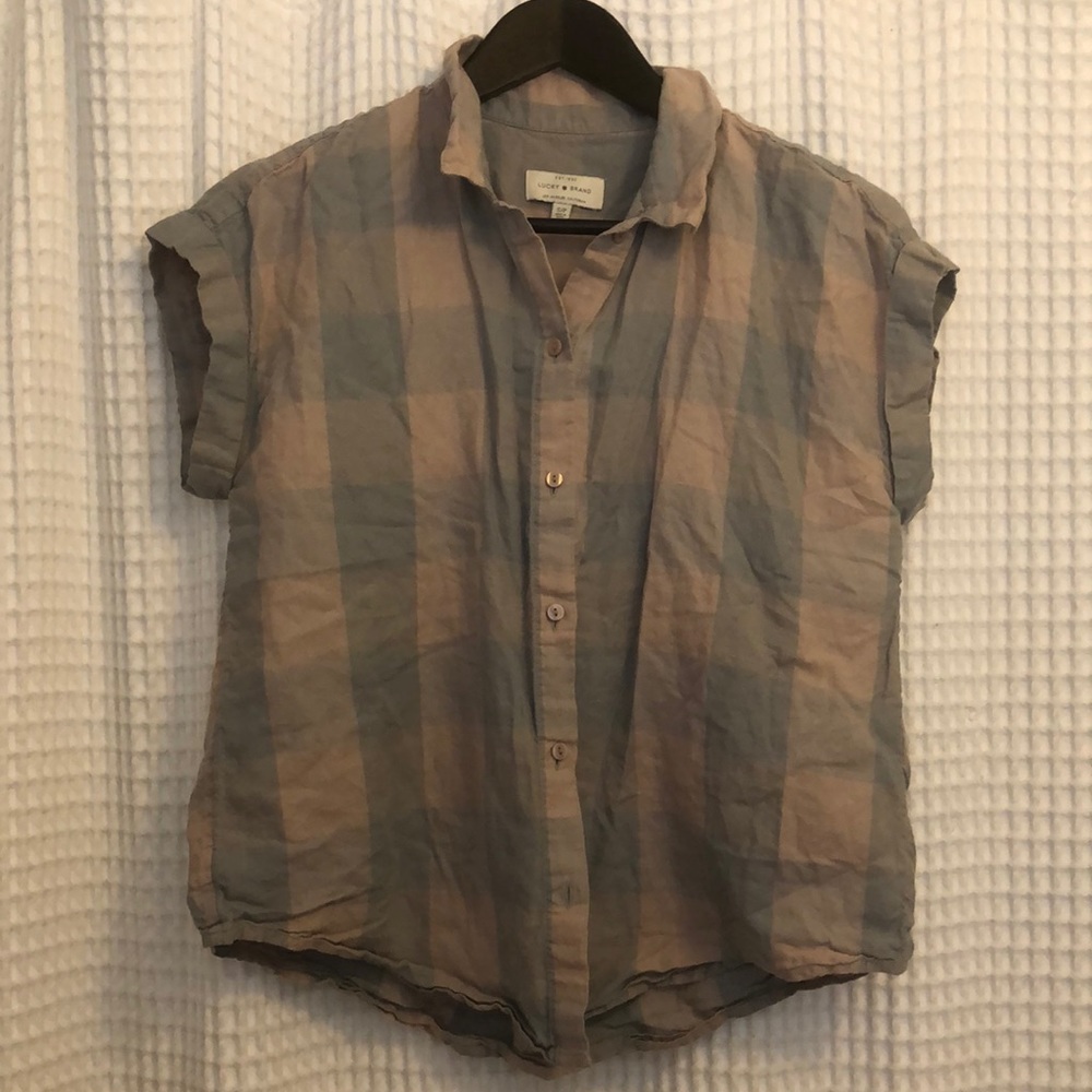 3 for $10 🌺 Lucky Brand Linen Blend Blue Plaid Short Sleeve Button Down Top - S